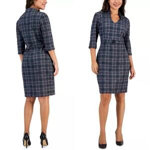 NWT CONNECTED 10 Stretch Belted Plaid Knit Sheath Dress